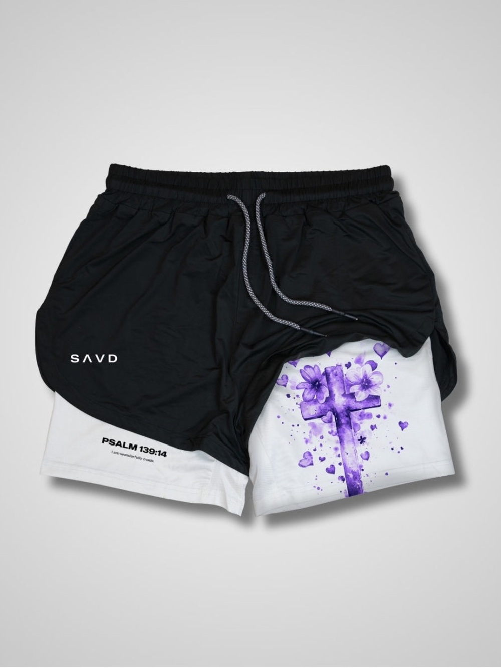 Black Athletic Shorts with White Floral Cross Liner